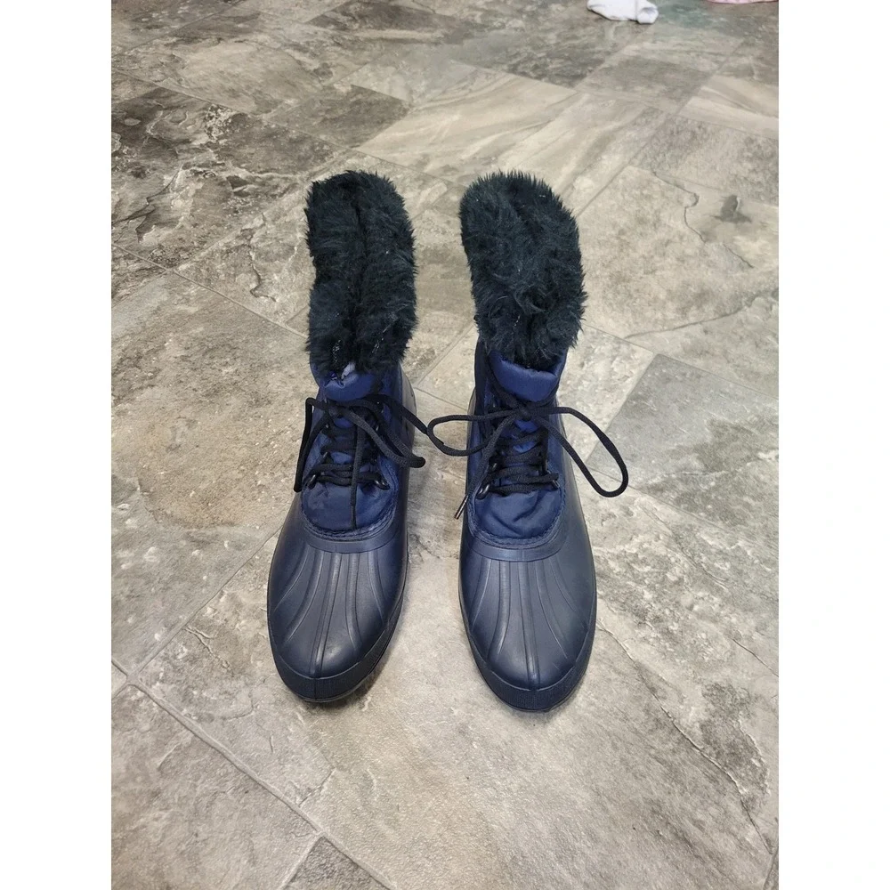 Sorel Snow Boots Navy Blue Faux Fur Trim Snowflake Embroidered Duck Boots Size 9